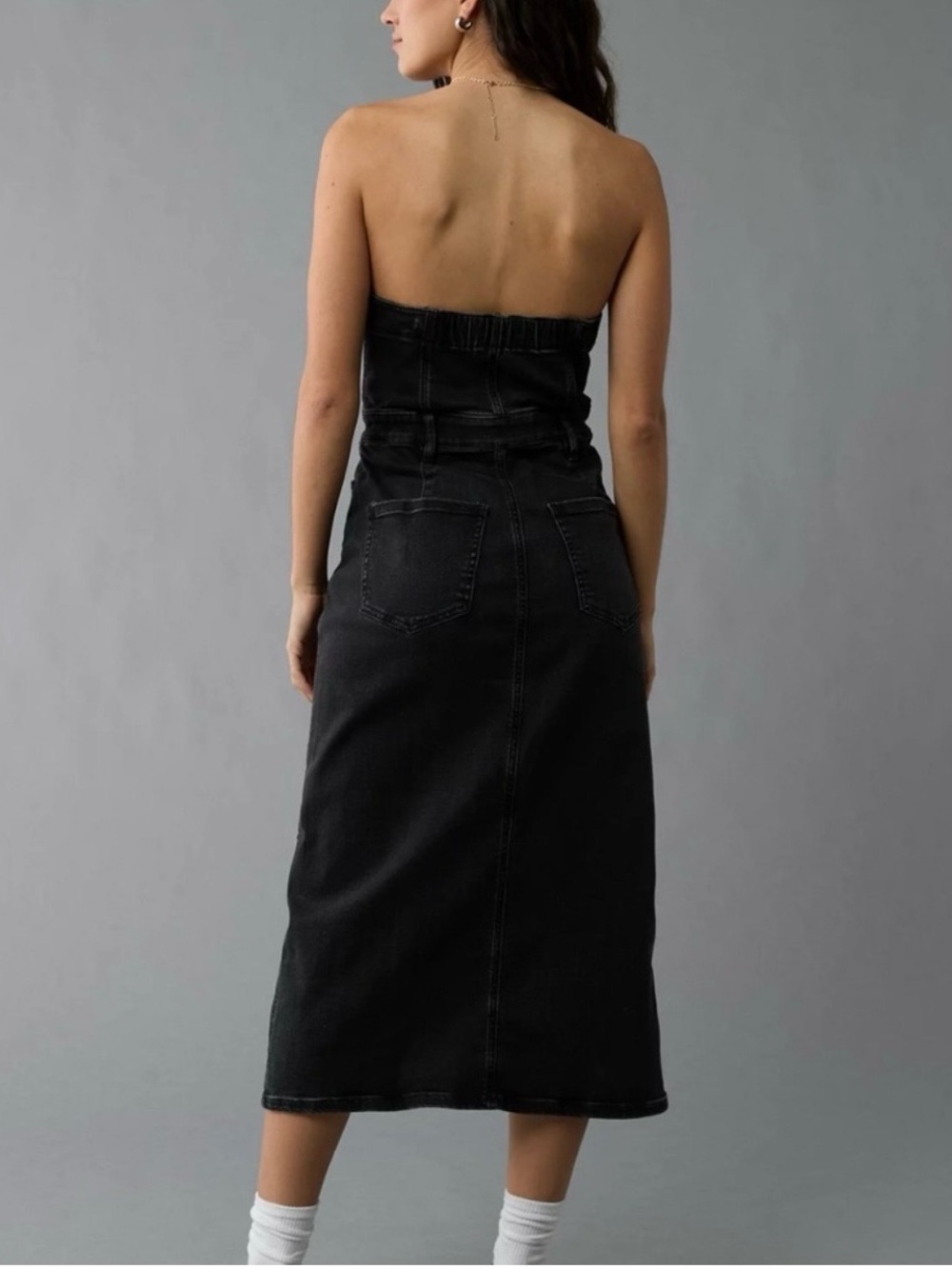 American Eagle Strapless Black Denim Midi Dress with Front Slit - Picture 2 of 8